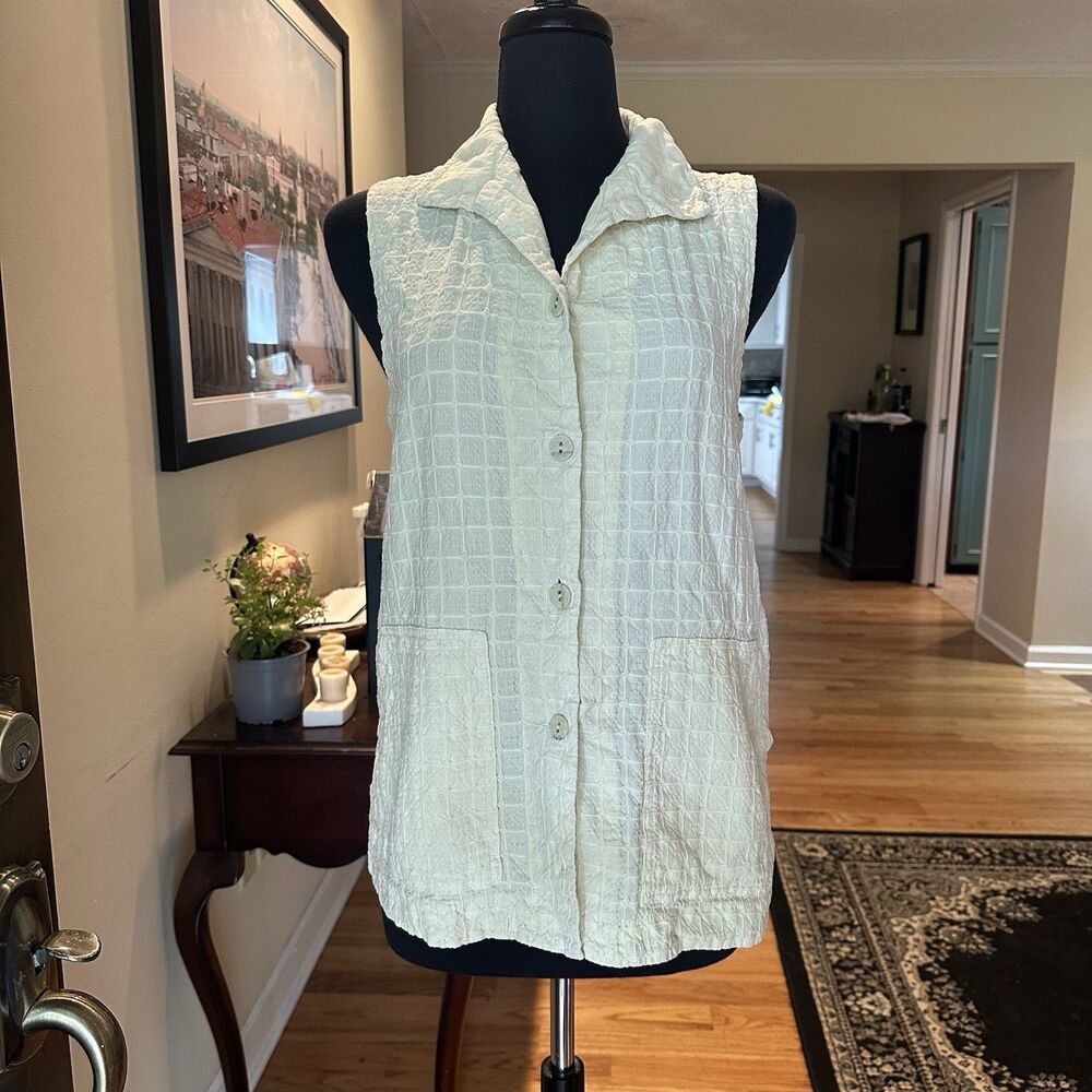Vintage Cream Crinkle Grid Button Down Sleeveless Blouse Vest Shirt Sz. S
